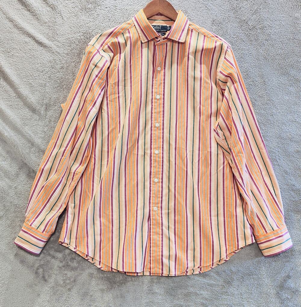 Polo Ralph Lauren Cotton Orange Estate Sport Striped Button Up Shirt Size Large
